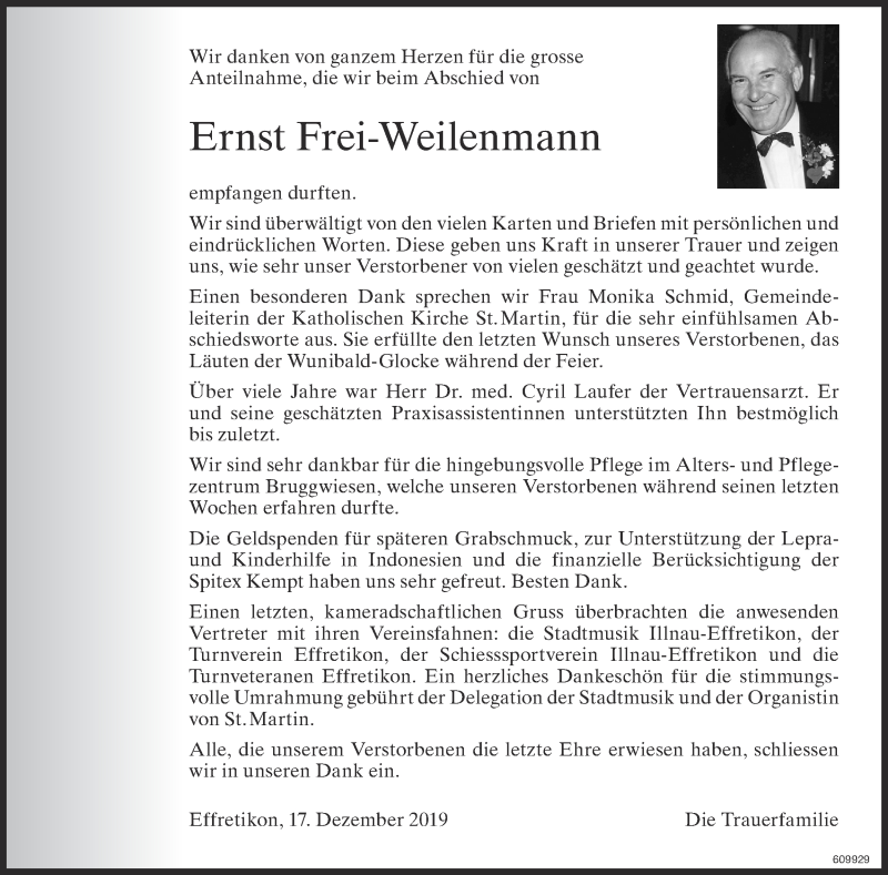  Traueranzeige für Ernst Frei-Weilenmann vom 19.12.2019 aus reg_12345