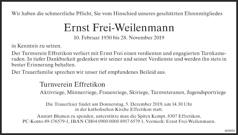  Traueranzeige für Ernst Frei-Weilenmann vom 05.12.2019 aus reg_12345