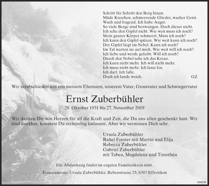  Traueranzeige für Ernst Zuberbühler vom 04.12.2019 aus ZO Gesamt