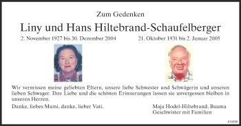 Traueranzeige von Hans Hiltebrand-Schaufelberger von ZO Gesamt