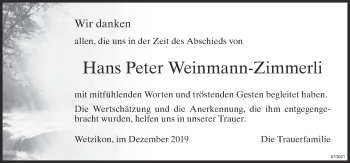 Traueranzeige von Hans Peter Weinmann-Zimmerli von ZO Gesamt