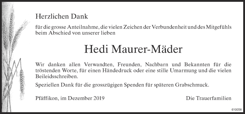  Traueranzeige für Hedi Maurer-Mäder vom 19.12.2019 aus ZO Gesamt