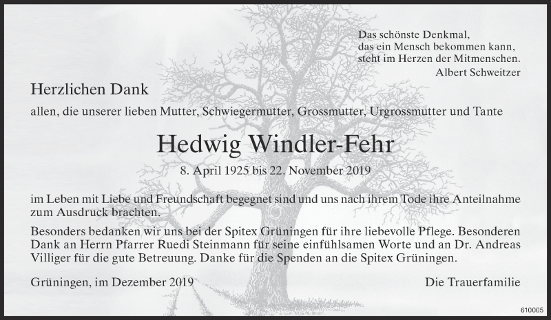  Traueranzeige für Hedwig Windler-Fehr vom 18.12.2019 aus ZO Gesamt