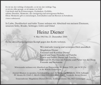 Traueranzeige von Heinz Diener von ZO Gesamt
