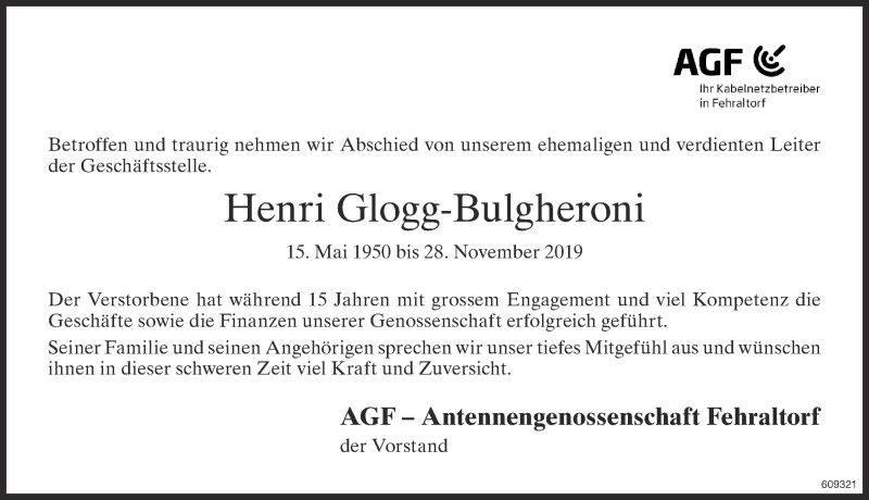  Traueranzeige für Henri Glogg-Bulgheroni vom 05.12.2019 aus ZO Gesamt