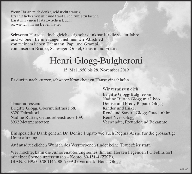  Traueranzeige für Henri Glogg-Bulgheroni vom 04.12.2019 aus ZO Gesamt