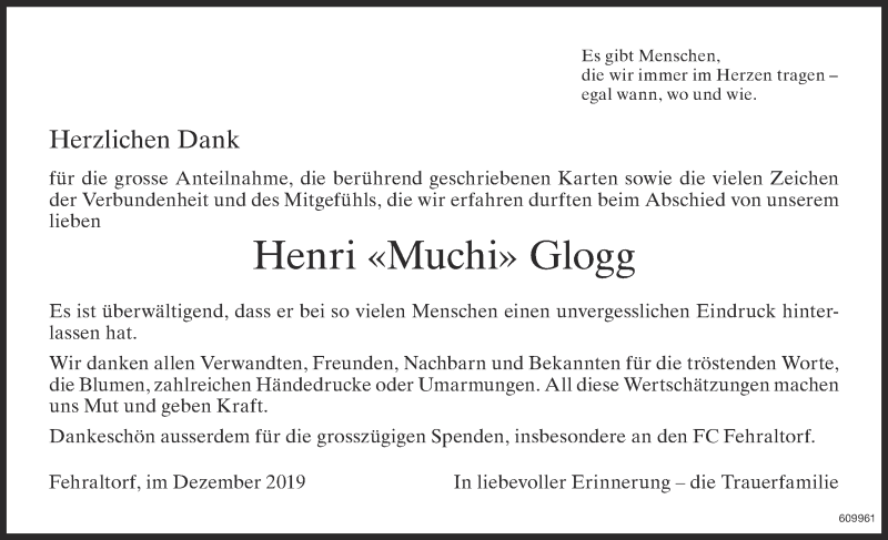  Traueranzeige für Henri Glogg vom 17.12.2019 aus ZO Gesamt