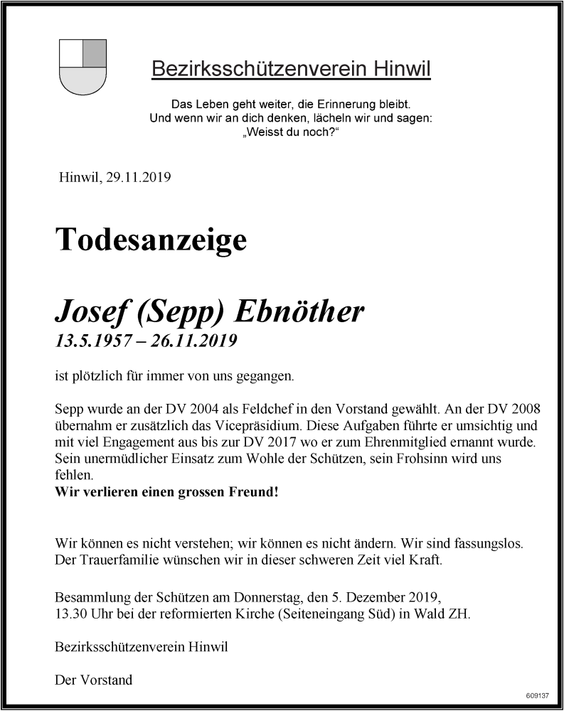  Traueranzeige für Josef Ebnöther vom 03.12.2019 aus ZO Gesamt
