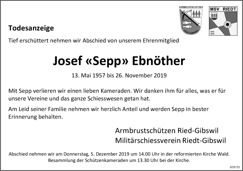  Traueranzeige für Josef Ebnöther vom 03.12.2019 aus ZO Gesamt
