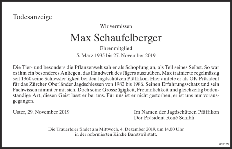  Traueranzeige für Max Schaufelberger vom 03.12.2019 aus ZO Gesamt