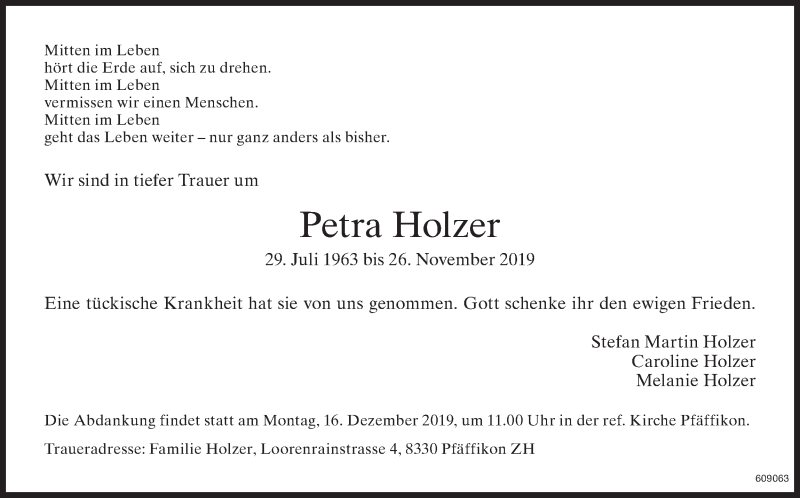  Traueranzeige für Petra Holzer vom 04.12.2019 aus ZO Gesamt