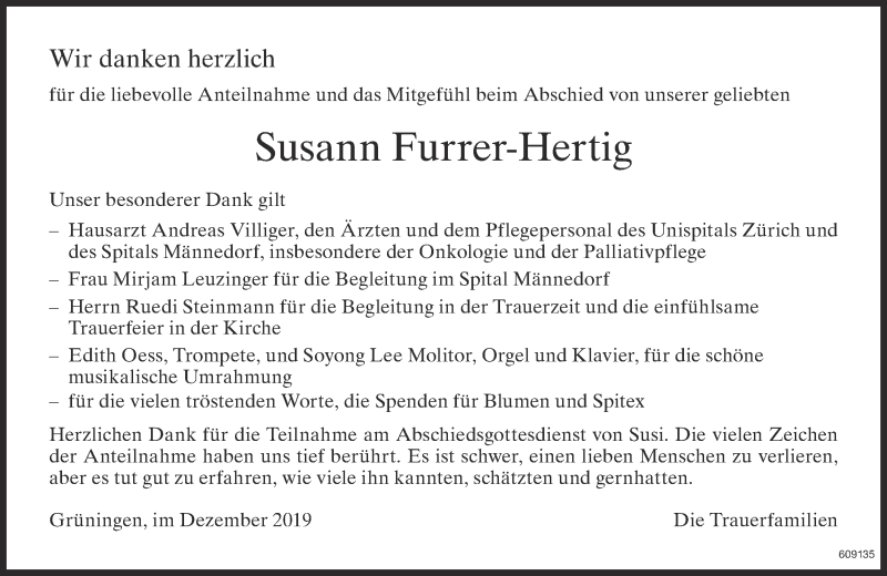  Traueranzeige für Susann Furrer-Hertig vom 03.12.2019 aus ZO Gesamt