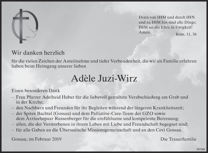  Traueranzeige für Adele Juzi-Wirz vom 05.02.2019 aus ZO Gesamt
