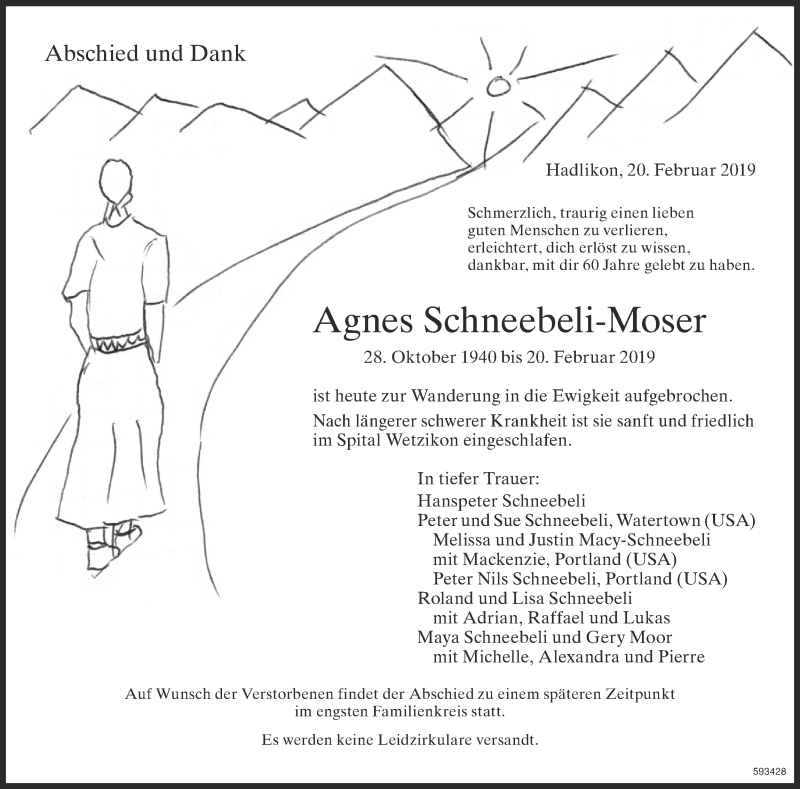  Traueranzeige für Agnes Schneebeli-Moser vom 27.02.2019 aus ZO Gesamt