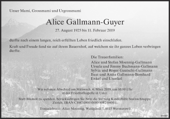 Traueranzeige von Alice Gallmann-Guyer von ZO Gesamt