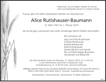 Traueranzeige von Alice Rutishauser-Baumann von Glattaler