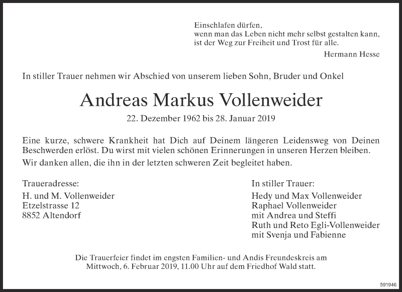  Traueranzeige für Andreas Markus Vollenweider vom 04.02.2019 aus ZO Gesamt