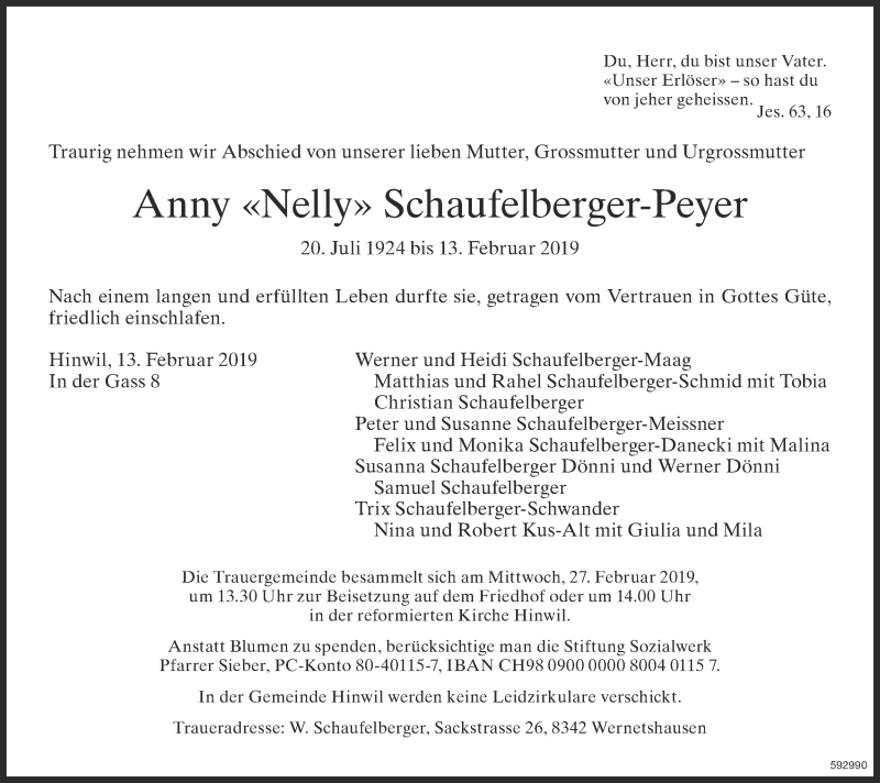  Traueranzeige für Anny Schaufelberger-Peyer vom 20.02.2019 aus ZO Gesamt