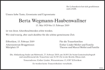 Traueranzeige von Berta Wegmann-Haubenwallner von reg_1
