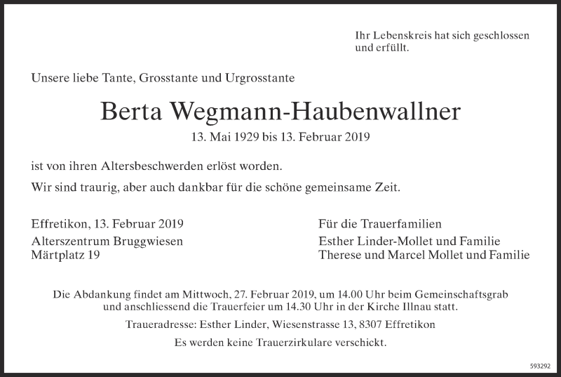  Traueranzeige für Berta Wegmann-Haubenwallner vom 21.02.2019 aus reg_1
