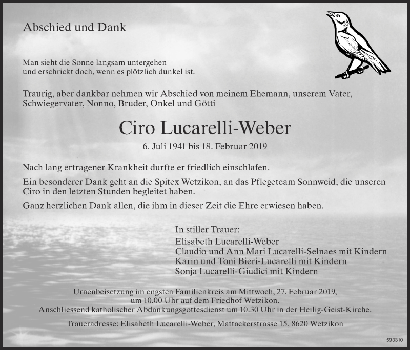  Traueranzeige für Ciro Lucarelli-Weber vom 22.02.2019 aus ZO Gesamt