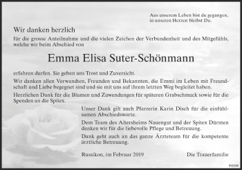 Traueranzeige von Emma Elisa Suter-Schönmann von ZO Gesamt