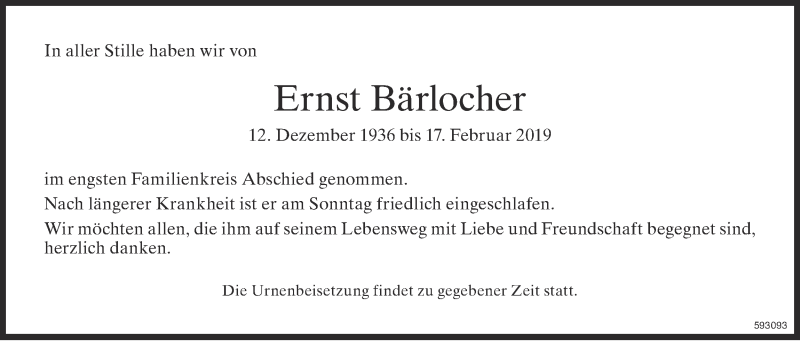  Traueranzeige für Ernst Bärlocher vom 20.02.2019 aus ZO Gesamt