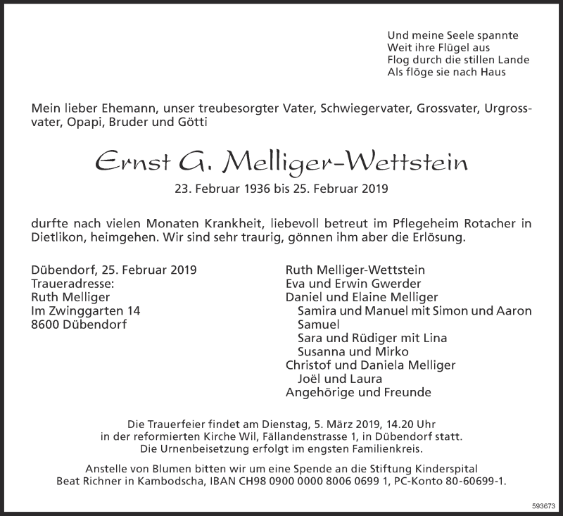  Traueranzeige für Ernst G. Melliger-Wettstein vom 01.03.2019 aus Glattaler