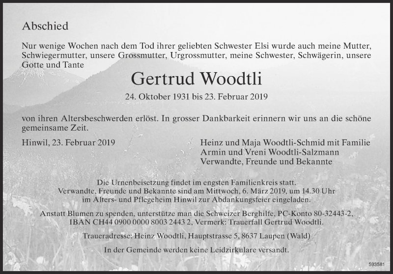  Traueranzeige für Gertrud Woodtli vom 27.02.2019 aus ZO Gesamt