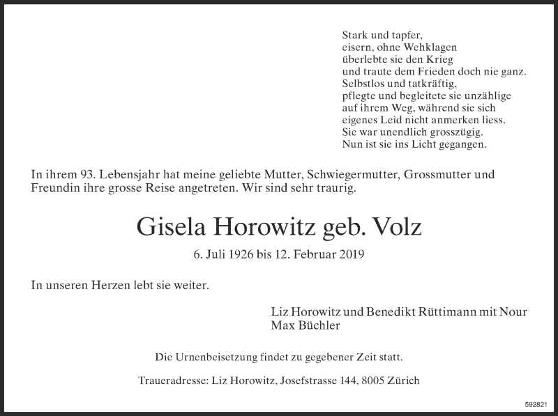 Traueranzeige für Gisela Horowitz vom 15.02.2019 aus ZO Gesamt