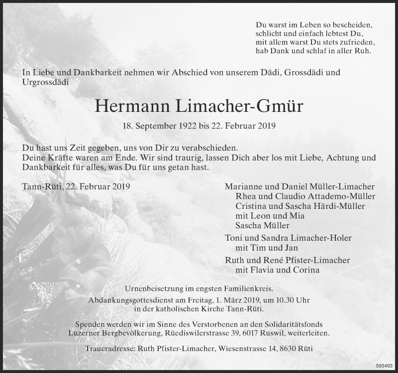  Traueranzeige für Hermann Limacher-Gmür vom 27.02.2019 aus ZO Gesamt