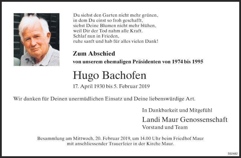  Traueranzeige für Hugo Bachofen vom 13.02.2019 aus ZO Gesamt