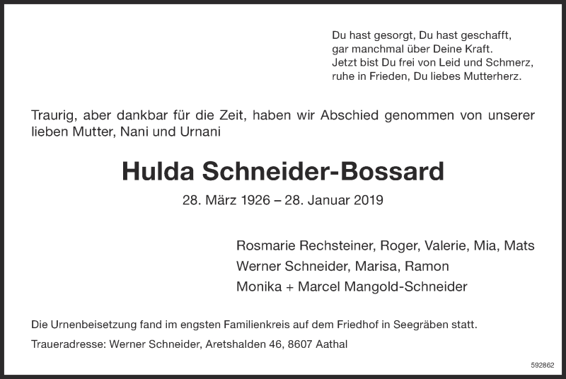  Traueranzeige für Hulda Schneider-Bossard vom 21.02.2019 aus ZO Gesamt