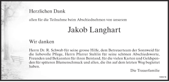 Traueranzeige von Jakob Langhart von ZO Gesamt