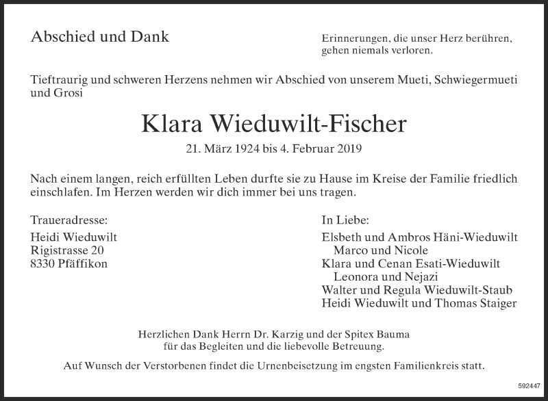  Traueranzeige für Klara Wieduwilt-Fischer vom 13.02.2019 aus ZO Gesamt