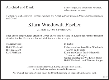 Traueranzeige von Klara Wieduwilt-Fischer von ZO Gesamt
