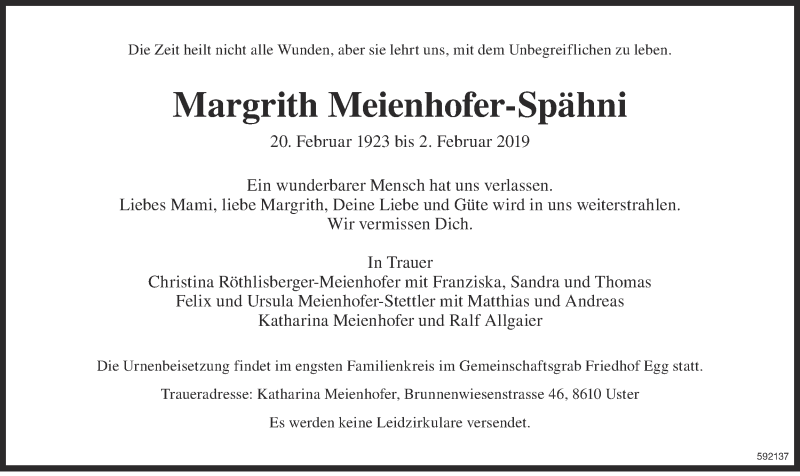  Traueranzeige für Margrith Meienhofer-Spähni vom 06.02.2019 aus ZO Gesamt