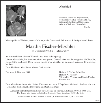 Traueranzeige von Martha Fischer-Mischler von ZO Gesamt