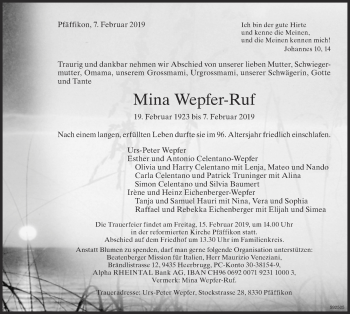 Traueranzeige von Mina Wepfer-Ruf von ZO Gesamt