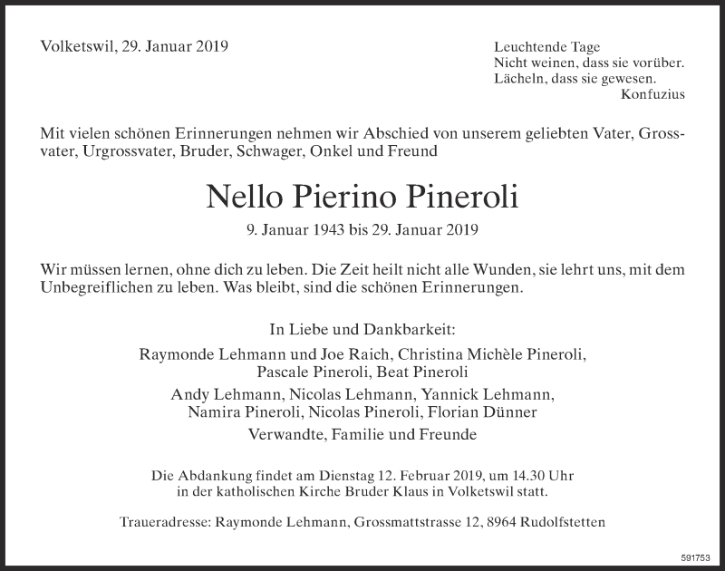  Traueranzeige für Nello Pierino Pineroli vom 06.02.2019 aus ZO Gesamt