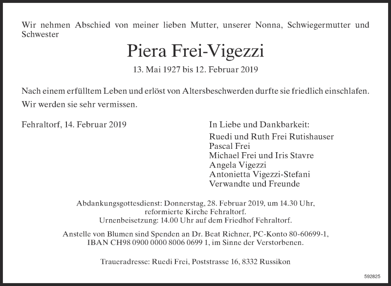  Traueranzeige für Piera Frei-Vigezzi vom 20.02.2019 aus ZO Gesamt