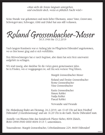 Traueranzeige von Roland Grossenbacher-Moser von Glattaler