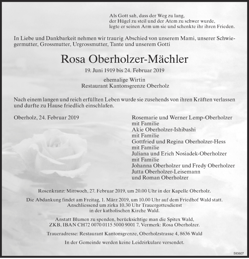  Traueranzeige für Rosa Oberholzer-Mächler vom 27.02.2019 aus ZO Gesamt