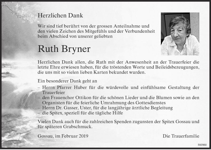  Traueranzeige für Ruth Bryner vom 20.02.2019 aus ZO Gesamt