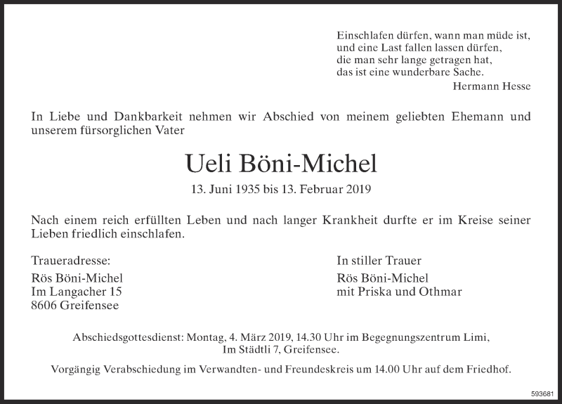  Traueranzeige für Ueli Böni-Michel vom 28.02.2019 aus ZO Gesamt