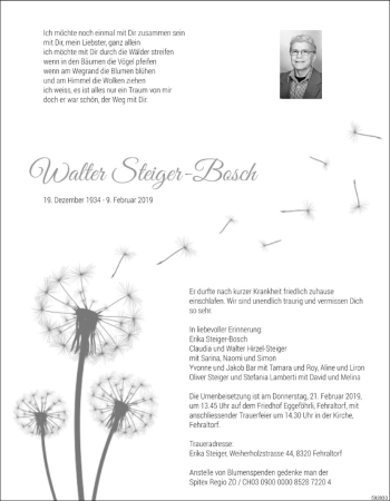 Traueranzeige von Walter Steiger-Bosch von ZO Gesamt