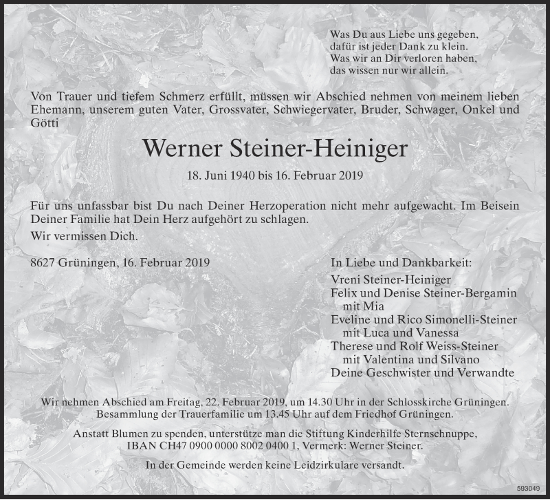  Traueranzeige für Werner Steiner-Heiniger vom 20.02.2019 aus ZO Gesamt