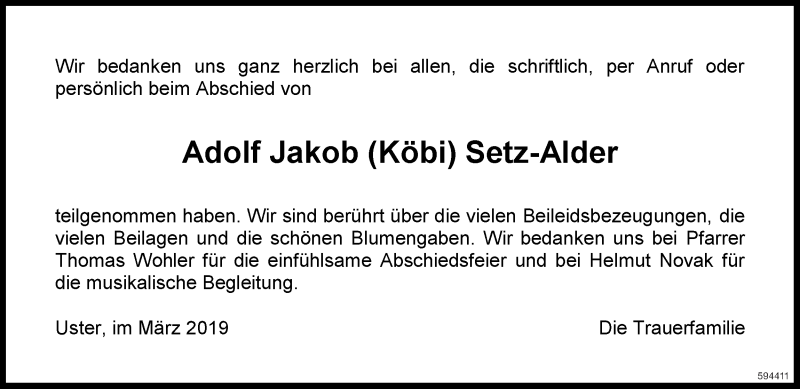  Traueranzeige für Adolf Jakob Setz-Alder vom 13.03.2019 aus ZO Gesamt