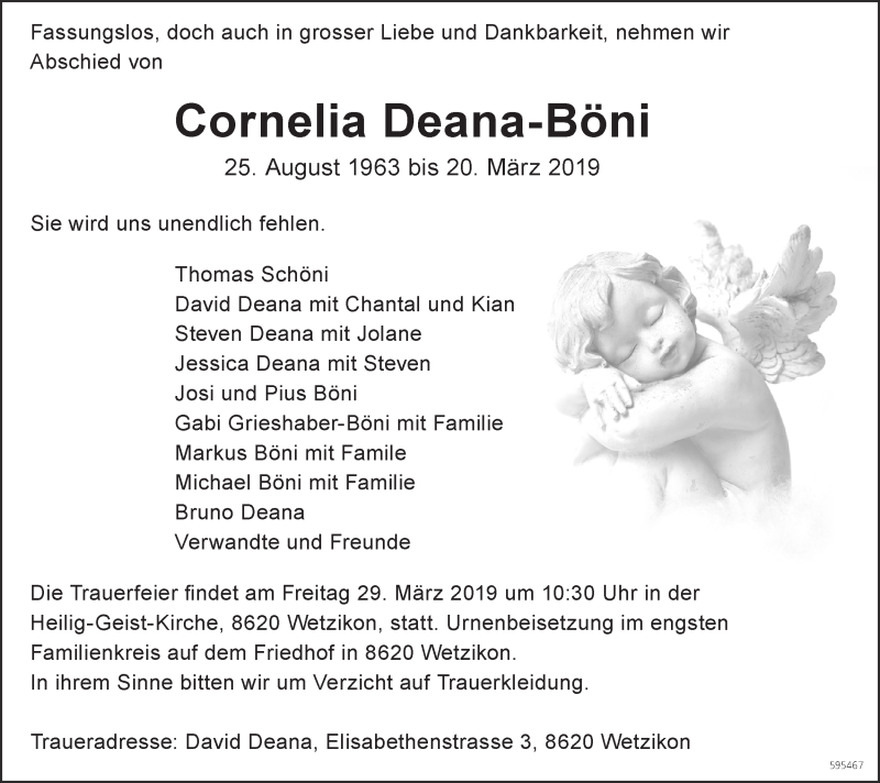 Traueranzeige für Cornelia Deana-Böni vom 27.03.2019 aus ZO Gesamt