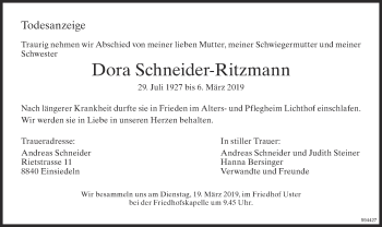 Traueranzeige von Dora Schneider-Ritzmann von ZO Gesamt